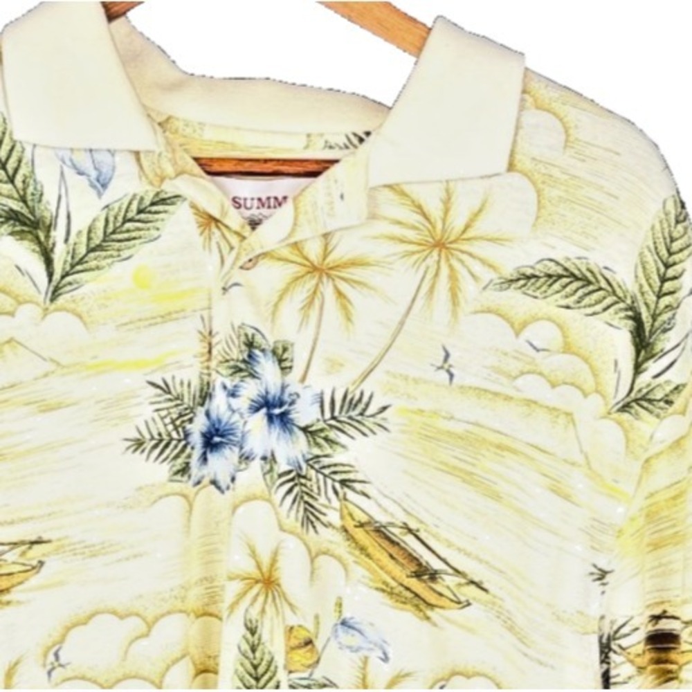 Summa Polo Shirt Mens Large Yellow Hawaiian Hawaiian Floral Palm Short Sleeve